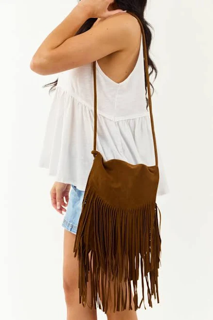 Faux Suede Fringe Crossbody Bag