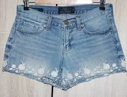 Light Blue Ripped Cotton Denim Shorts with Embroidered Flowers Size M