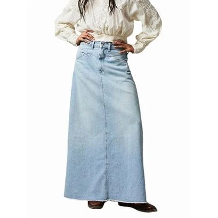 Katigan Women Raw Hem A-Line Jean Skirt Casual Y2K Fashion High Waisted Long Denim Maxi Skirt with Pockets Light Blue XL, Women's