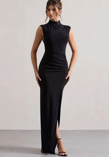 Lanetta Ruched High-Neck Maxi Dress with Split