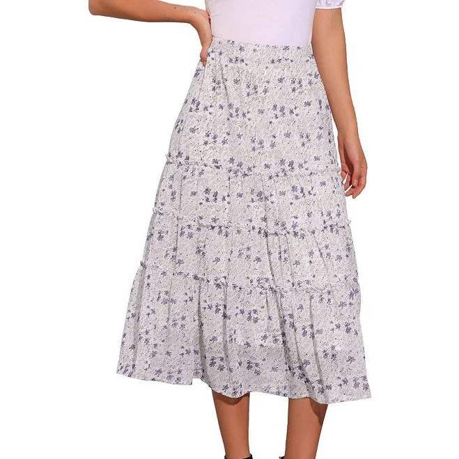 Boho Floral Chiffon Tiered Ruffle Midi Skirt