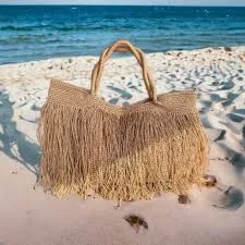 Crochet Raffia Tote Bag | Straw Fringed Beach Woven Shoulder Bag | Boho XLARGE Bag