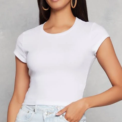 Womens Ambiance Ribbed Knit Crew Neck Crop Top, White, Size L - Rainbow Shops