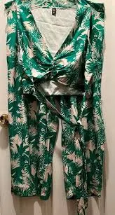 Allover Green Tropical Leaf Print Ruched Crop Top & Wide Leg Pant Set