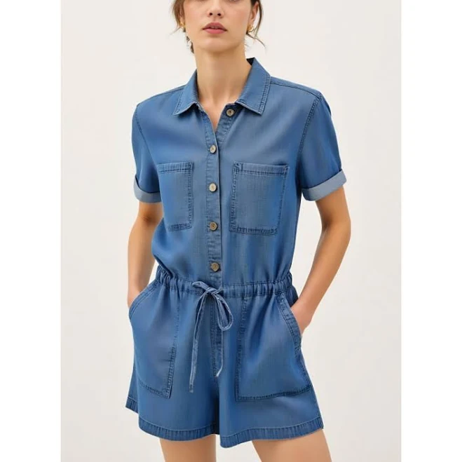 Modenaire Women's Utility Button-Up Denim Romper with Pockets and Drawstring