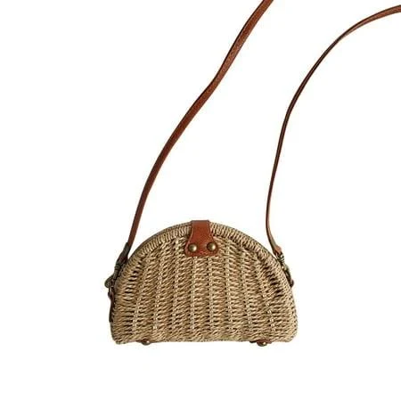 Handmade Rattan Bag Straw Bag for Women Woven Magnetic Snap Semicircle Shape Crossbody Bag Beach Bag (Khaki)