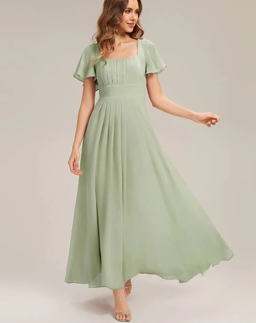Flutter Sleeve Square Neck Chiffon Maxi Bridesmaid Dress