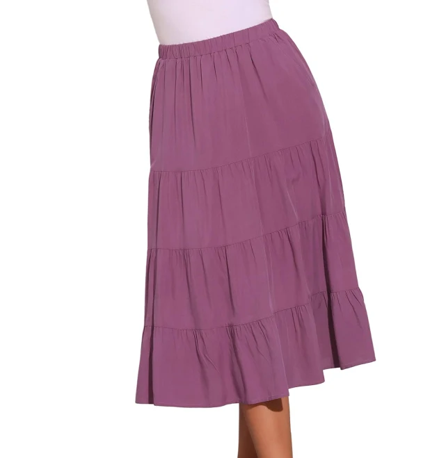 Daring Diva Women's Midi Tiered Pleated Elastic Waist A-Line Skirt