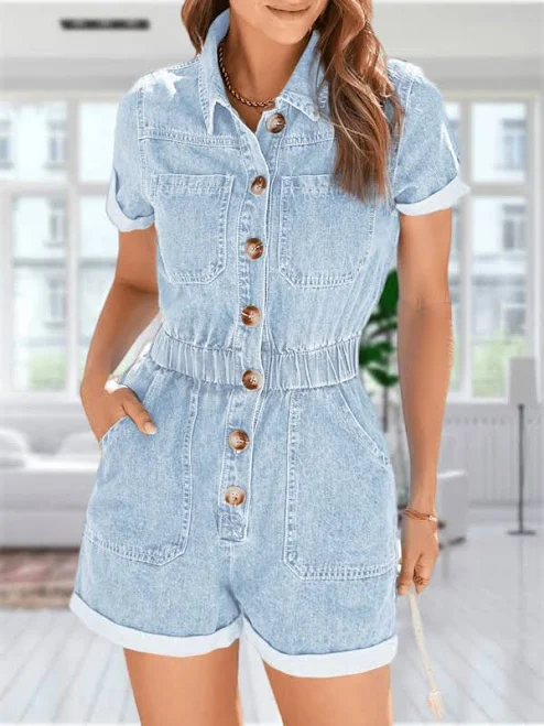 Women's Cotton Denim Short Sleeve Button Up Elastic Waist Romper