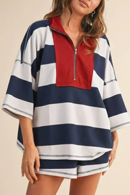 Miss Match Group Inc. Waitlist 6/5 Stripe Print Short Sleeve Top and High Waist Shorts