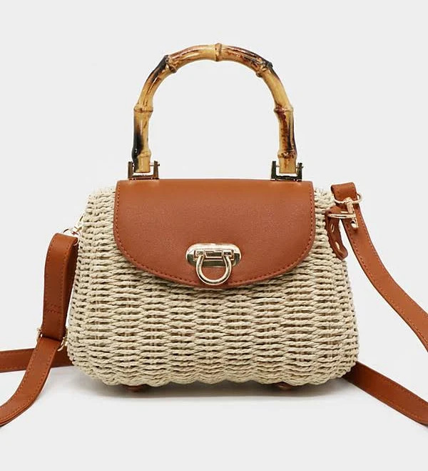 Vintage Straw Woven Crossbody Bag with Bamboo Handle