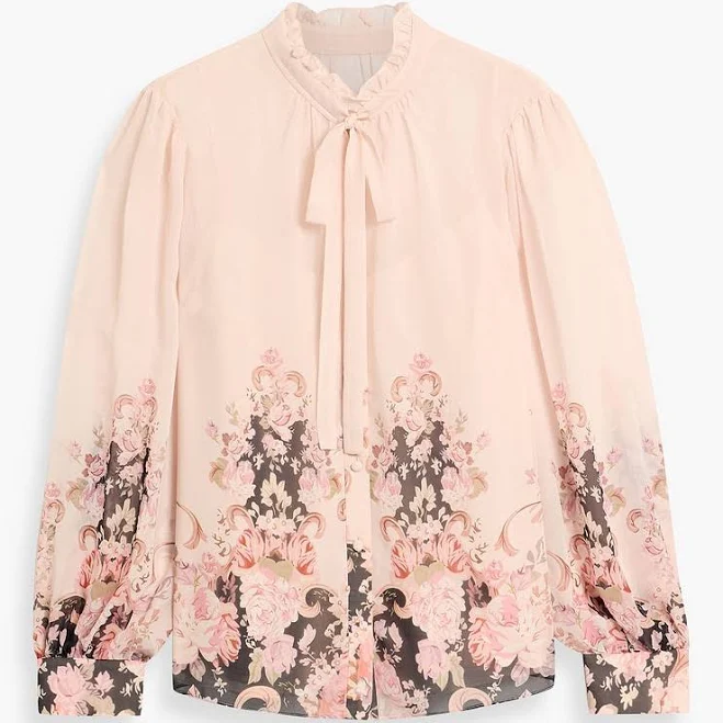 Mikael Aghal Floral-Print Chiffon Pussy-bow Blouse