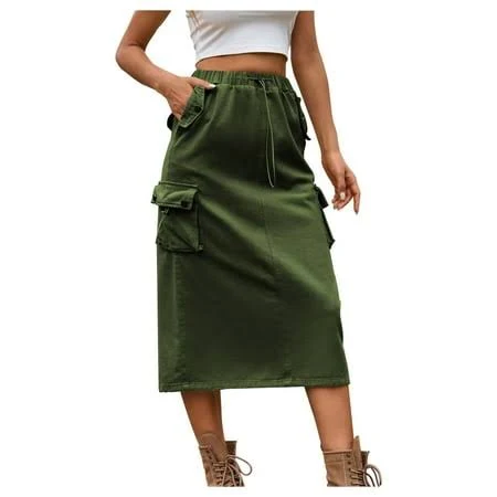 Mrat Skirt Women's Cargo Skirts Drawstring High Waist Back Split Midi Skirt with Flap Pockets Skirts Women's-95