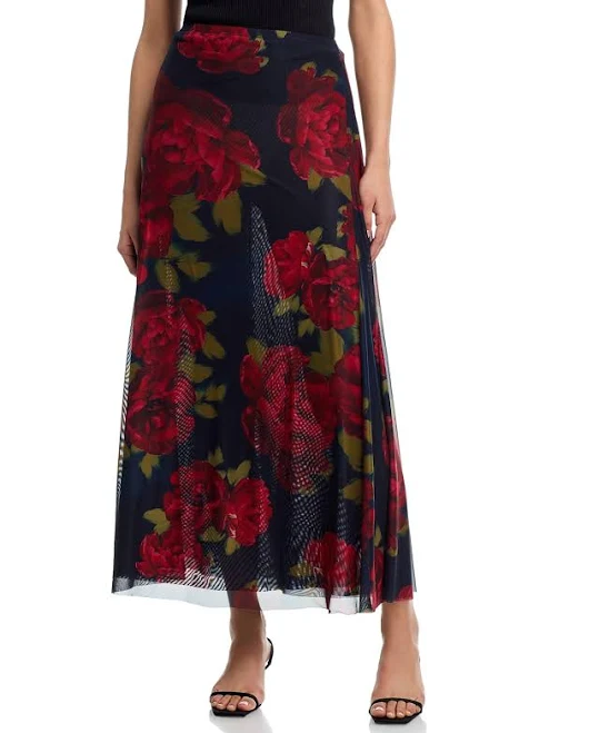 AQUA Women's Mesh Floral Maxi Skirt