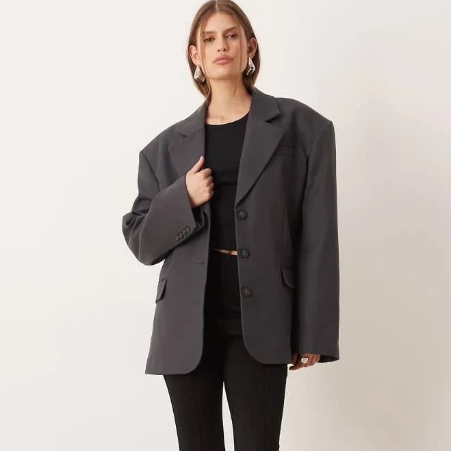 ASOS DESIGN tailored wool blend oversized power shoulder blazer in charcoal