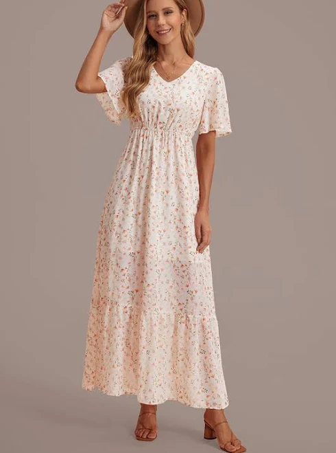 Floral V Neck Short Sleeve Tiered Maxi Dress