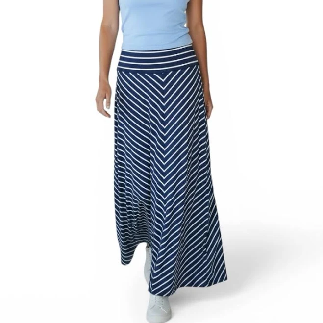 Athleta Skirts | Athleta Navy & White Striped Maxi Skirt Side Slit Stretch Knit Coastal Boho S | Color: Blue | Size: S | Jennylynnfelix's Closet