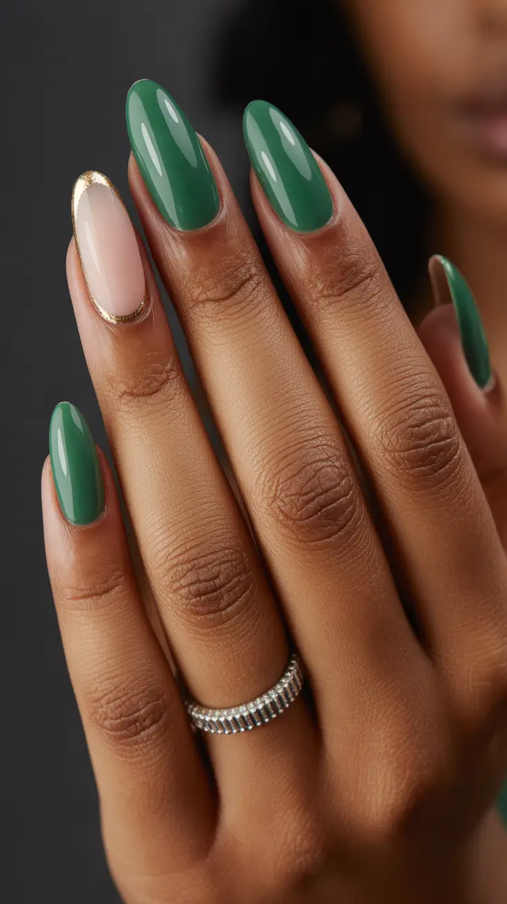sophisticated spring nails for brown skin 2026 Deep Emerald Gloss With Minimal Gold Accent