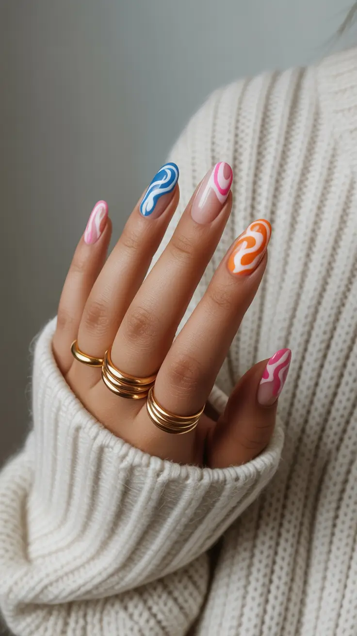 sophisticated spring nails for brown skin 2026 Playful Retro Swirls In Candy Spring Palette
