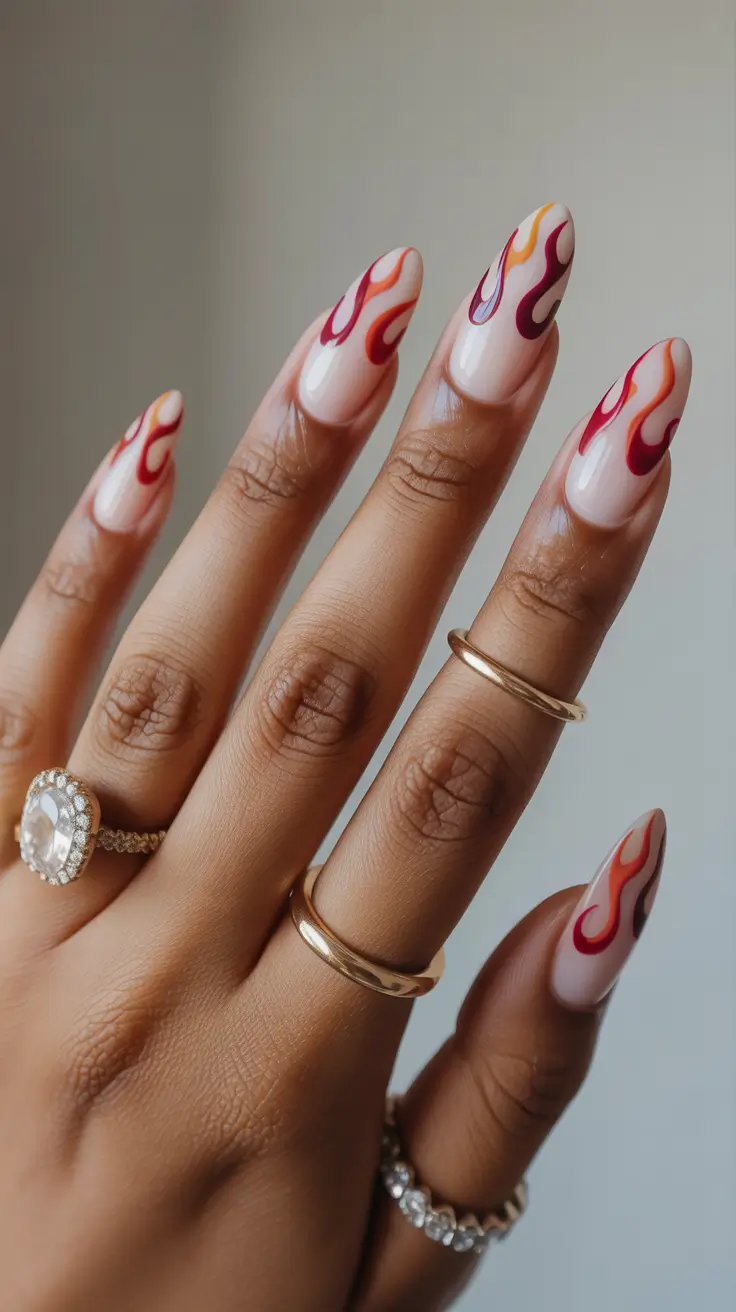 sophisticated spring nails for brown skin 2026 Minimal Flame Art With Warm Sunset Accents