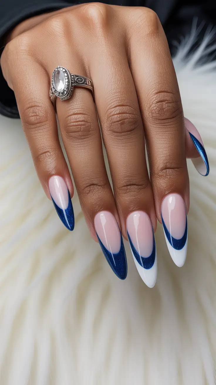 sophisticated spring nails for brown skin 2026 Modern Double French In Navy And White Contrast