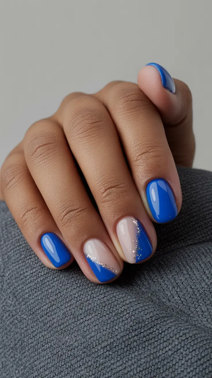 sophisticated spring nails for brown skin 2026 Royal Blue Geometry With Glitter Accent Detail