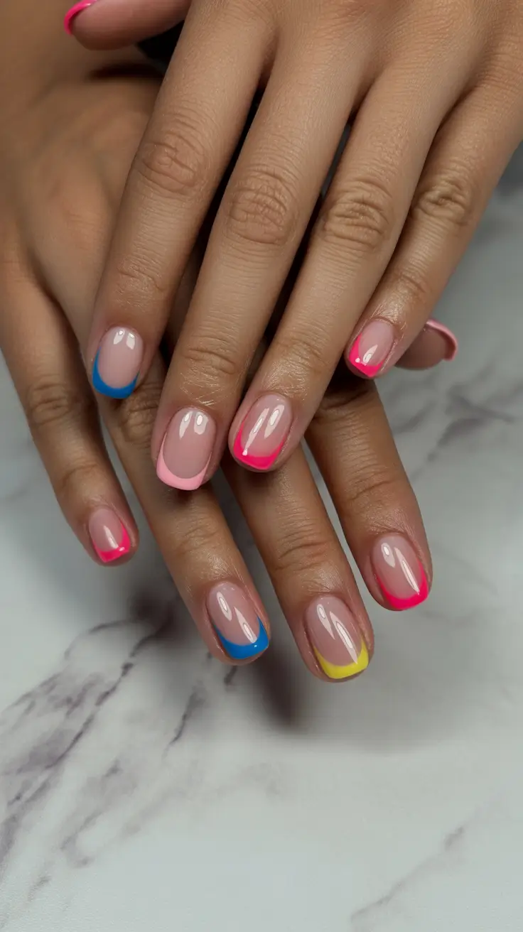 sophisticated spring nails for brown skin 2026 Neon Micro French In Playful Candy Colors