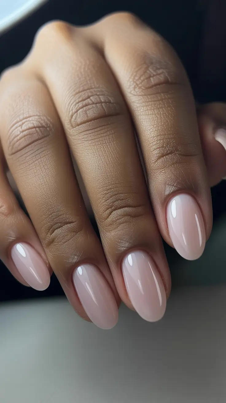 sophisticated spring nails for brown skin 2026 Glossy Milky Nude Almond Nails For Quiet Luxury