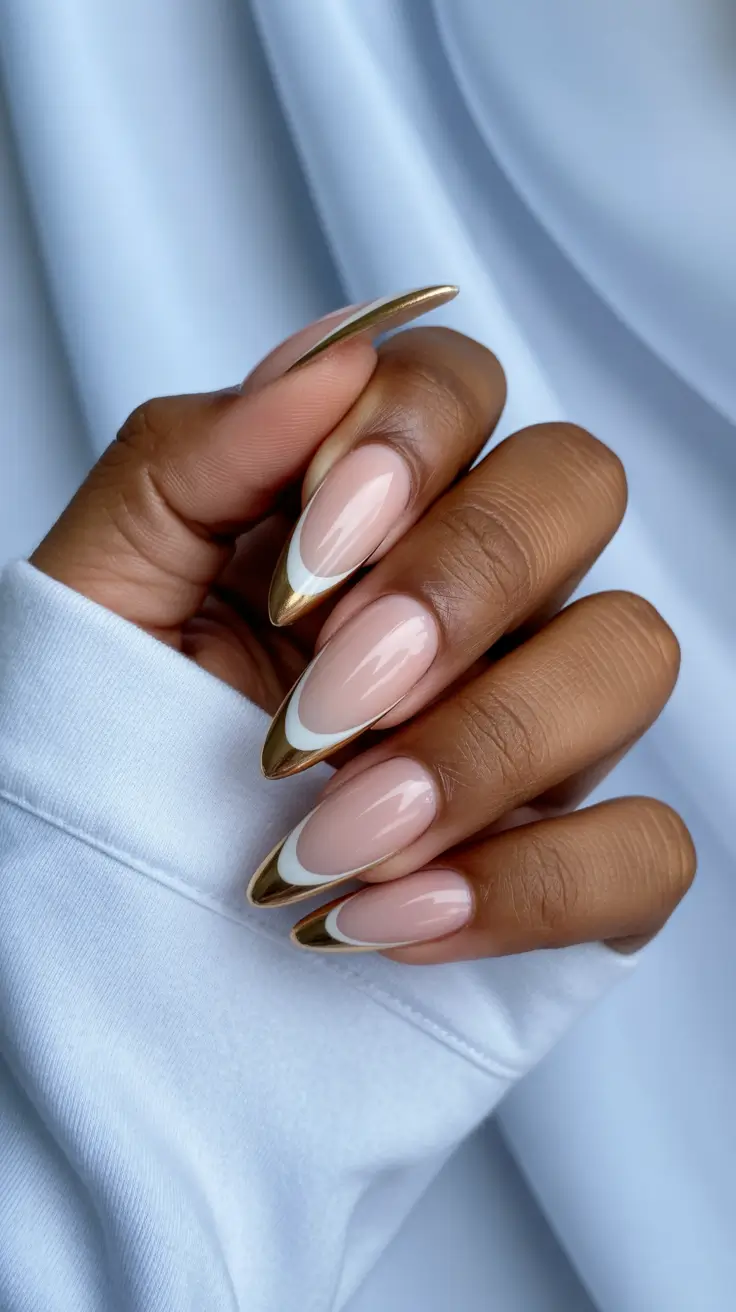 sophisticated spring nails for brown skin 2026 Modern Nude French With Sculptural Metallic Tips