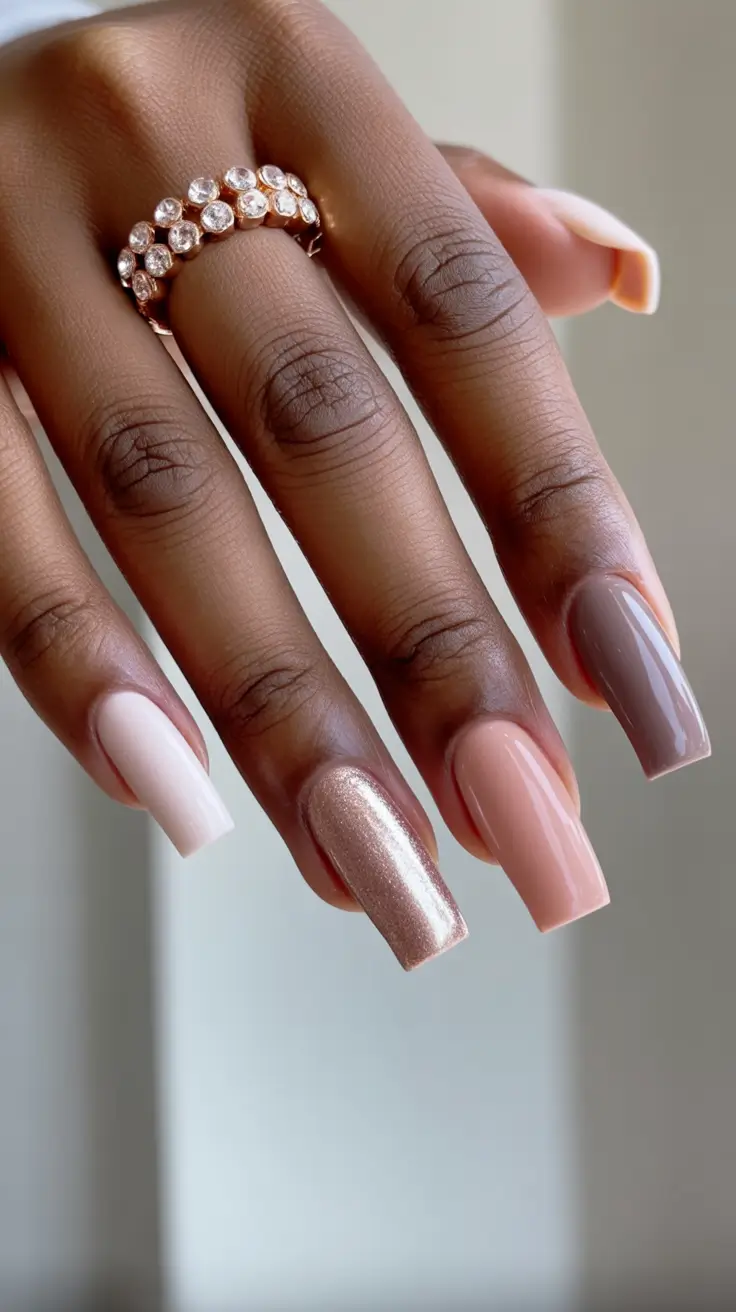 sophisticated spring nails for brown skin 2026 Mixed Neutral Acrylic Set With Metallic Champagne Accent