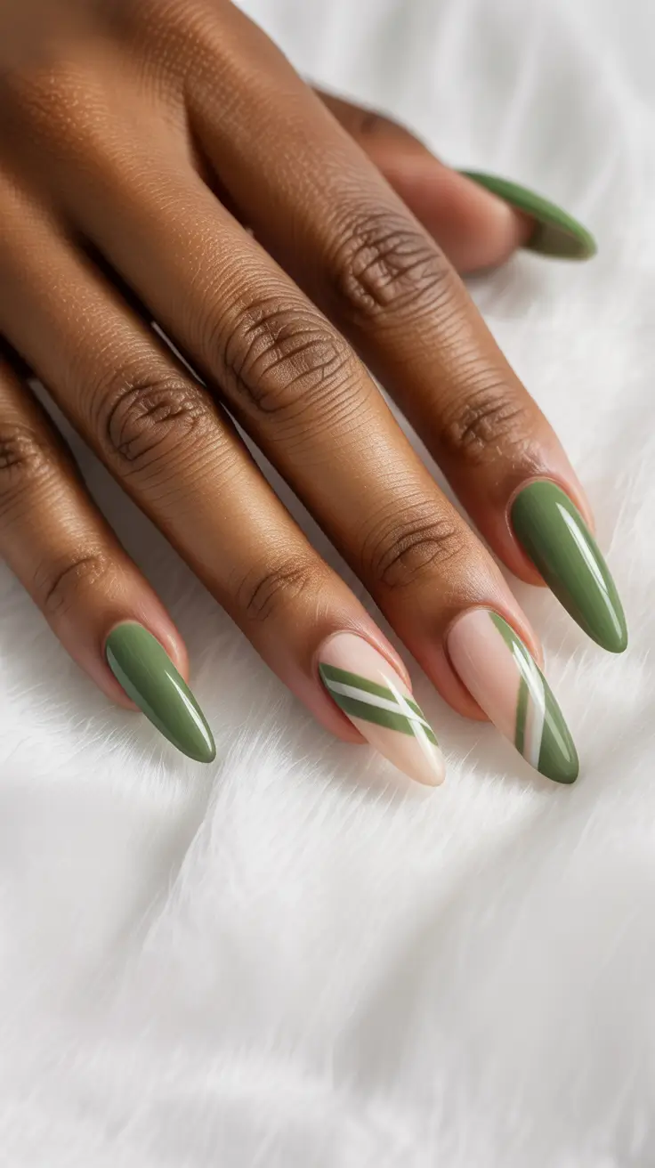sophisticated spring nails for brown skin 2026 Graphic Olive Lines Over Milky Base