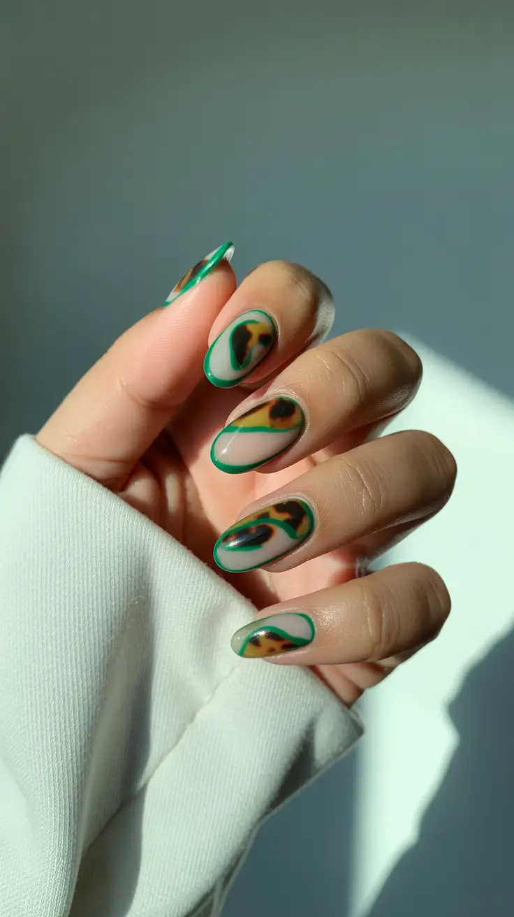 sophisticated spring nails for brown skin 2026 Abstract Green And Tortoiseshell Fusion