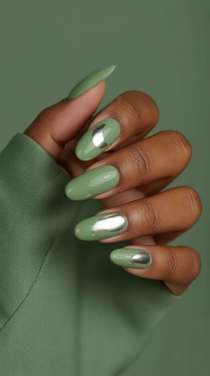 sophisticated spring nails for brown skin 2026 Muted Sage With Liquid Silver Accents