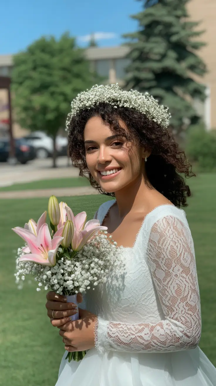 sophisticated spring wedding hairstyle for 2026 Loose Bridal Curls with Babys Breath Crown