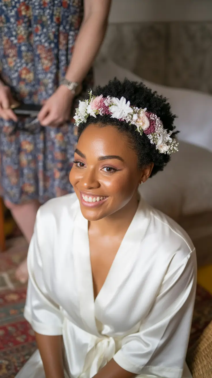 sophisticated spring wedding hairstyle for 2026 Short Natural Texture with Spring Floral Halo