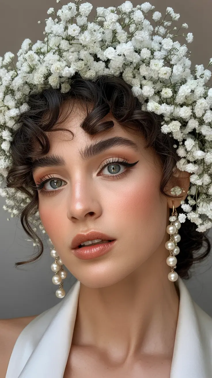 sophisticated spring wedding hairstyle for 2026 Vintage Inspired Bridal Waves with Gypsophila Crown