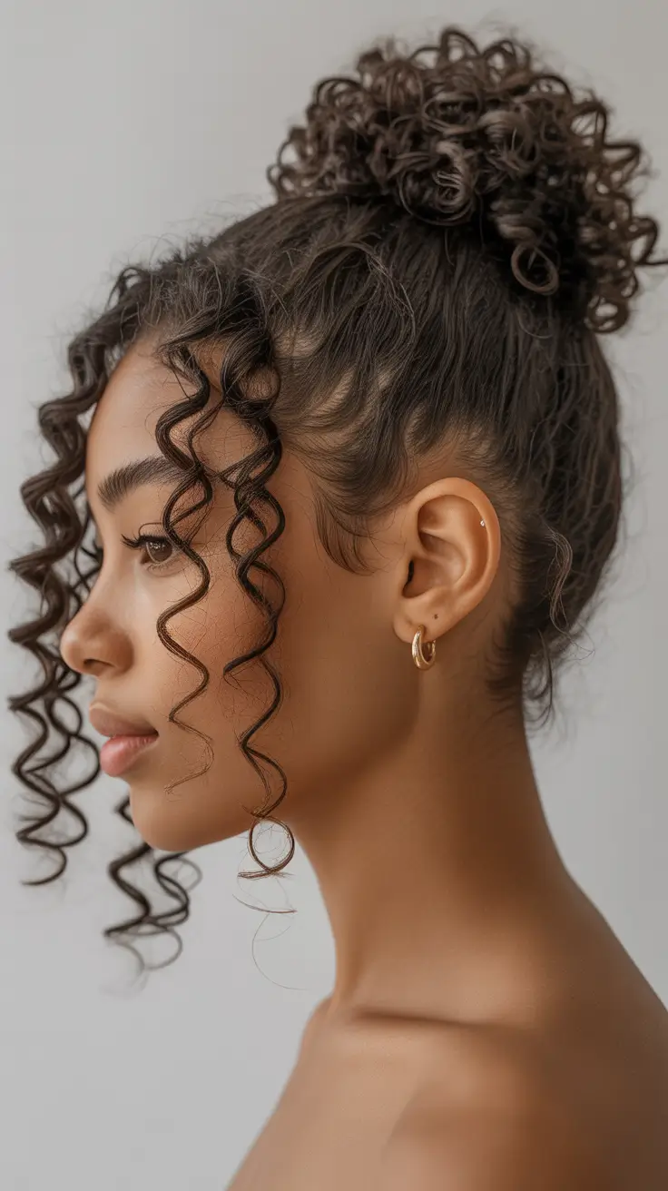 sophisticated spring wedding hairstyle for 2026 Curly High Bridal Bun with Defined Tendrils