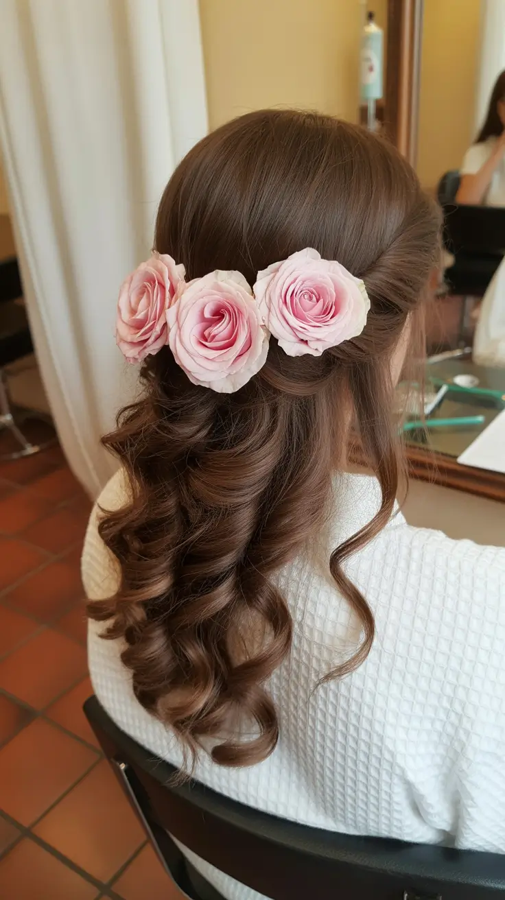 sophisticated spring wedding hairstyle for 2026 Half Up Rose Adorned Waves for Romantic Spring Bridal Party