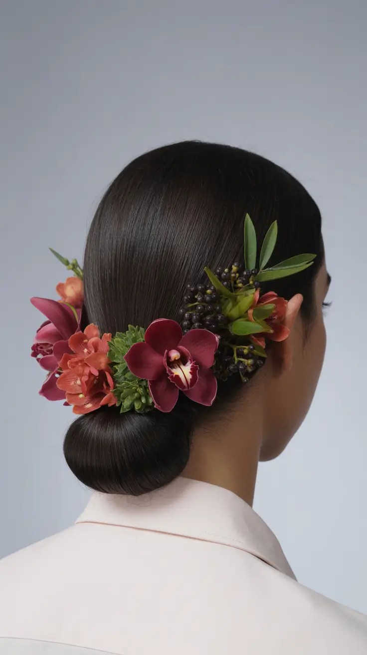 sophisticated spring wedding hairstyle for 2026 Sleek Low Bridal Bun with Sculptural Orchid Florals