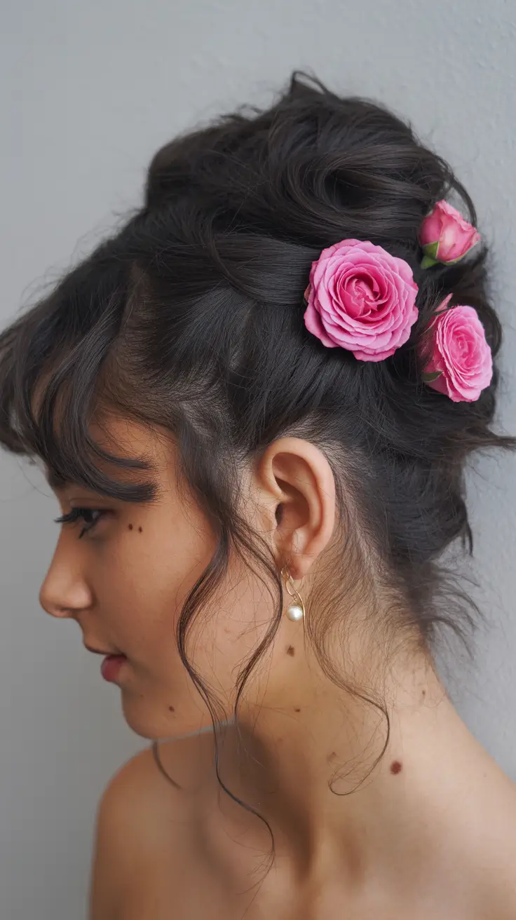sophisticated spring wedding hairstyle for 2026 Soft Textured Updo with Pink Blossom Accents