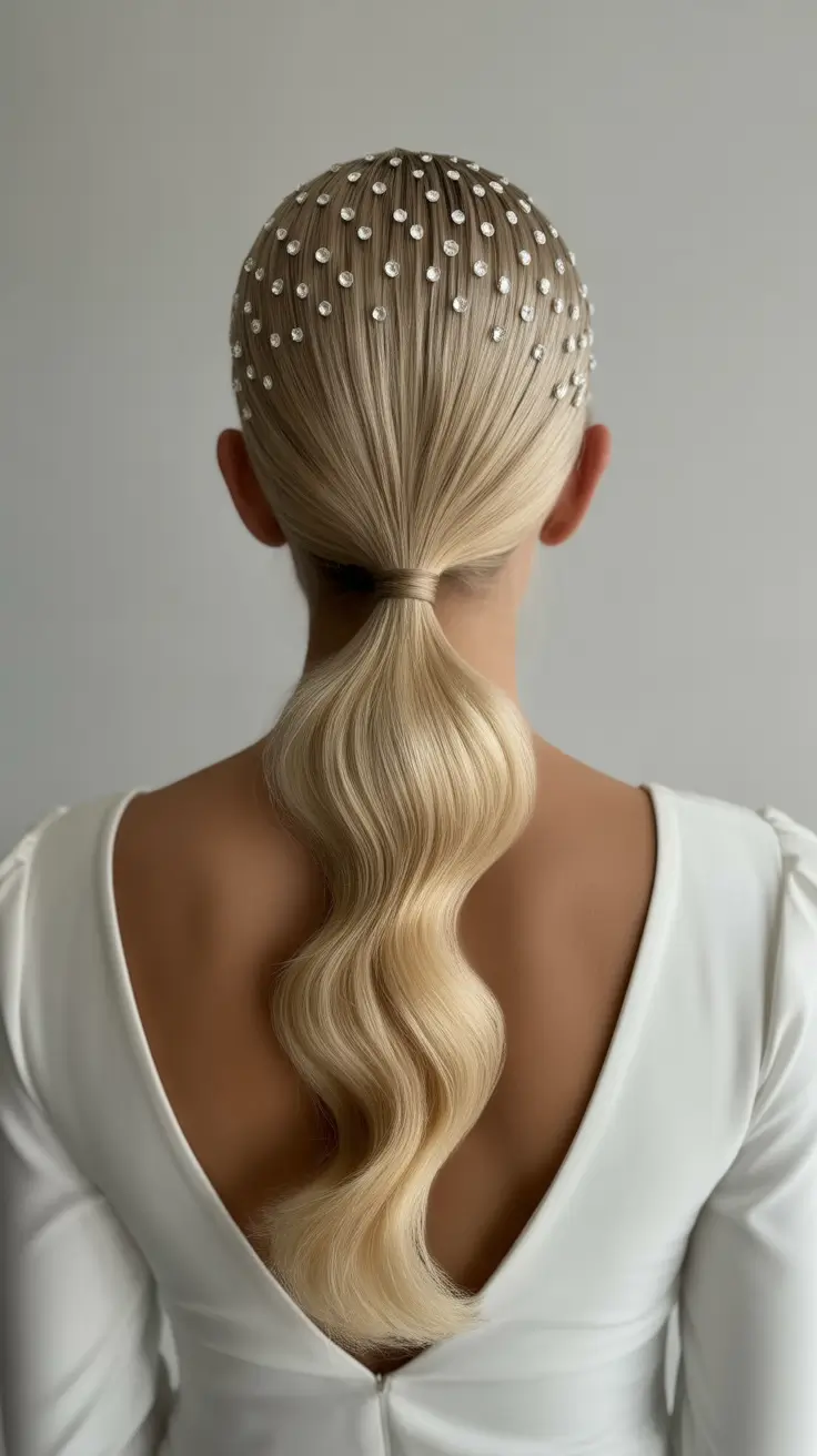sophisticated spring wedding hairstyle for 2026 Crystal-Dusted Sleek Pony for Modern Bridal Minimalism