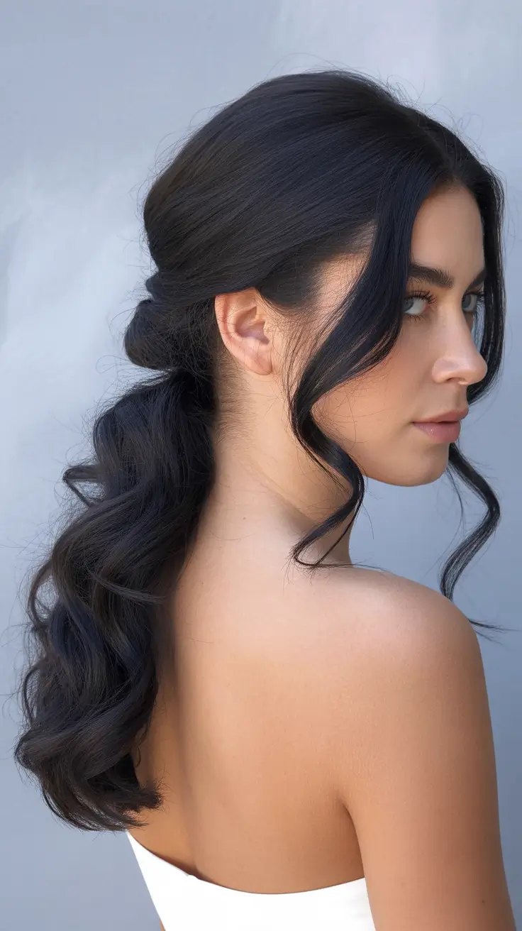 sophisticated spring wedding hairstyle for 2026 Low Twisted Pony with Face Framing Bridal Waves