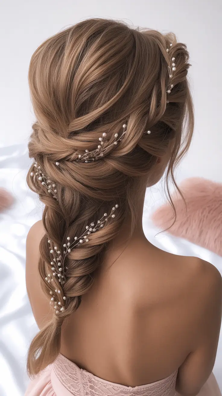 sophisticated spring wedding hairstyle for 2026 Pearl-Threaded Textured Braid for Ethereal Spring Romance