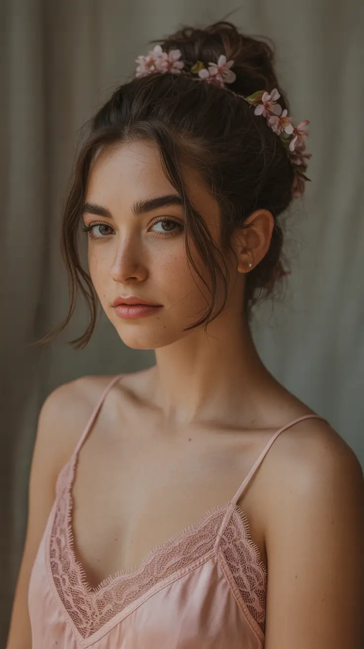 sophisticated spring wedding hairstyle for 2026 Blush-Toned Soft Bridal Bun with Floral Vine Accent