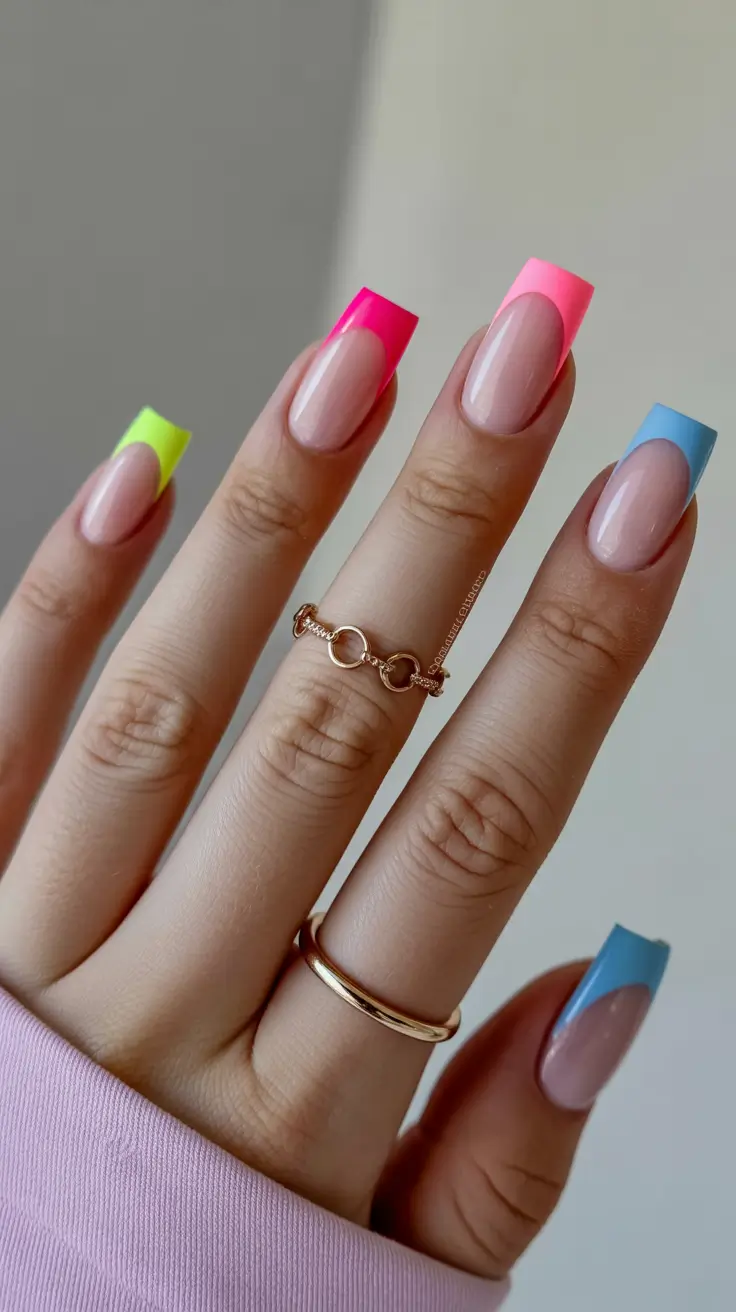 stunning spring nails coffin 2026 Playful Neon French Tips for a Fresh Early Spring Mood