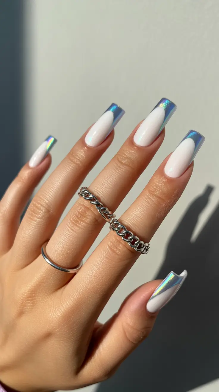 stunning spring nails coffin 2026 Holographic French Tips for a Modern Metallic Spring Edge