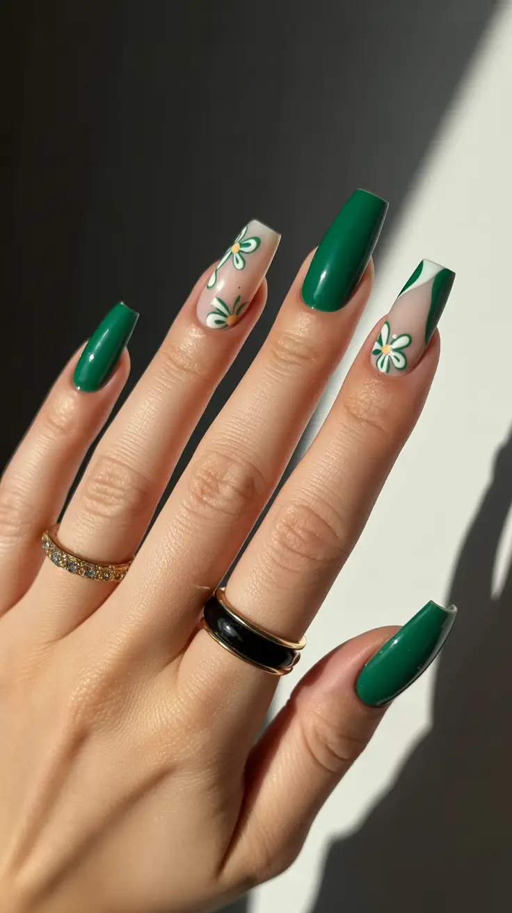 stunning spring nails coffin 2026 Deep Green Floral Accents for a Fresh Botanical Spring Mood