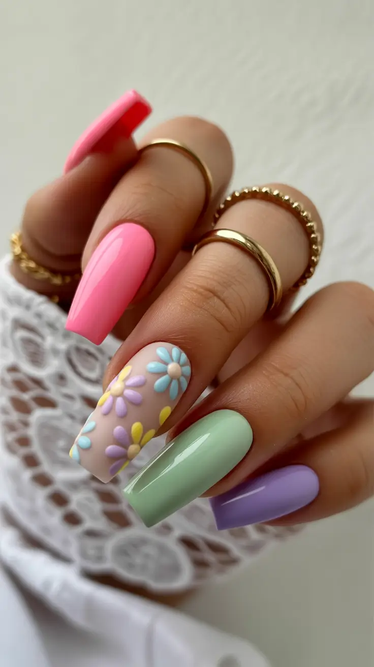 stunning spring nails coffin 2026 Pastel Daisy Mix for a Cute and Playful Spring Palette