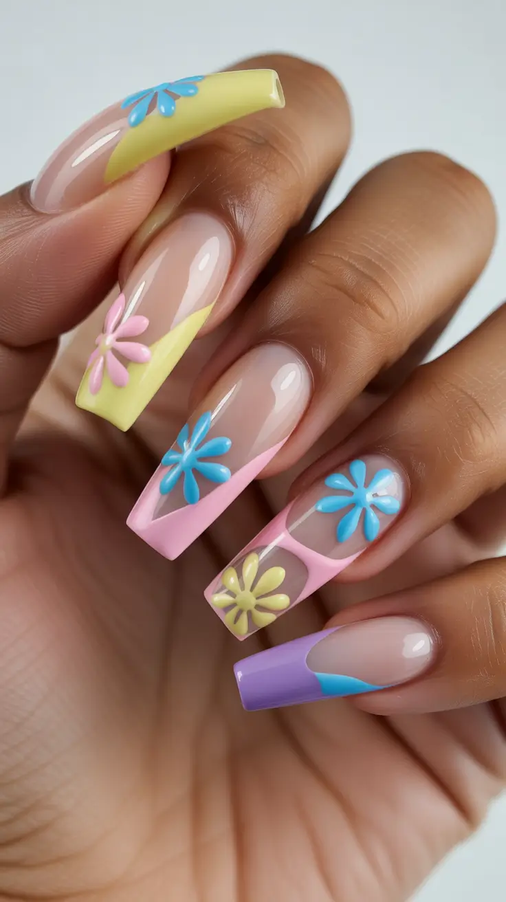 stunning spring nails coffin 2026 Colorful Pastel French Tips with Playful Floral Art