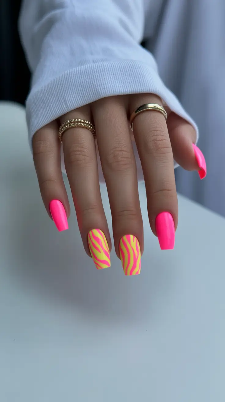 stunning spring nails coffin 2026 Neon Pink and Yellow Zebra Accents for a Bold Spring Look